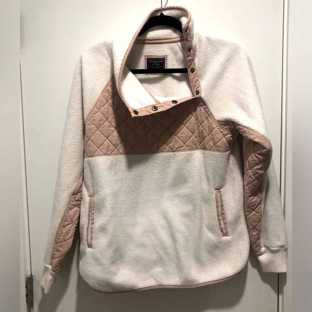 Abercrombie & Fitch asymmetrical snap-up fleece in pink and white, size medium